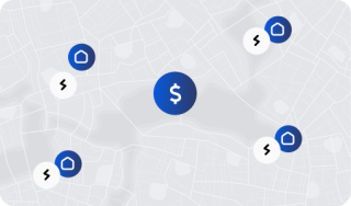 Greyscale map with icons indicating charging sites in the area