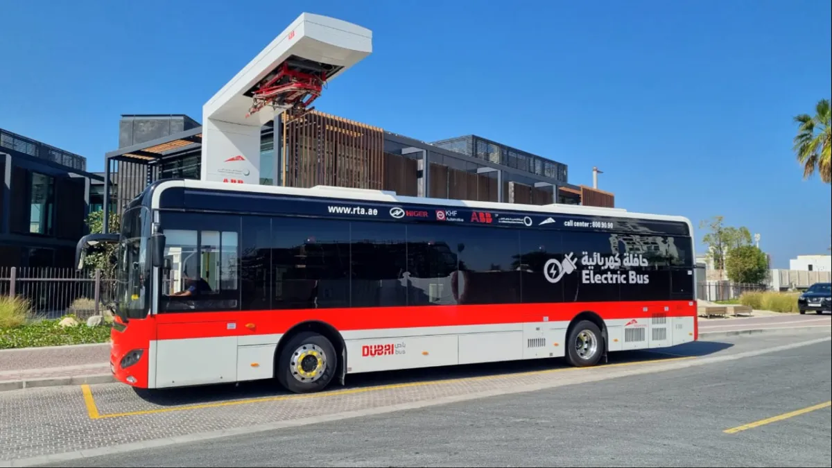 ABB E-mobility Pantograph charger charging a bus in the Middle East