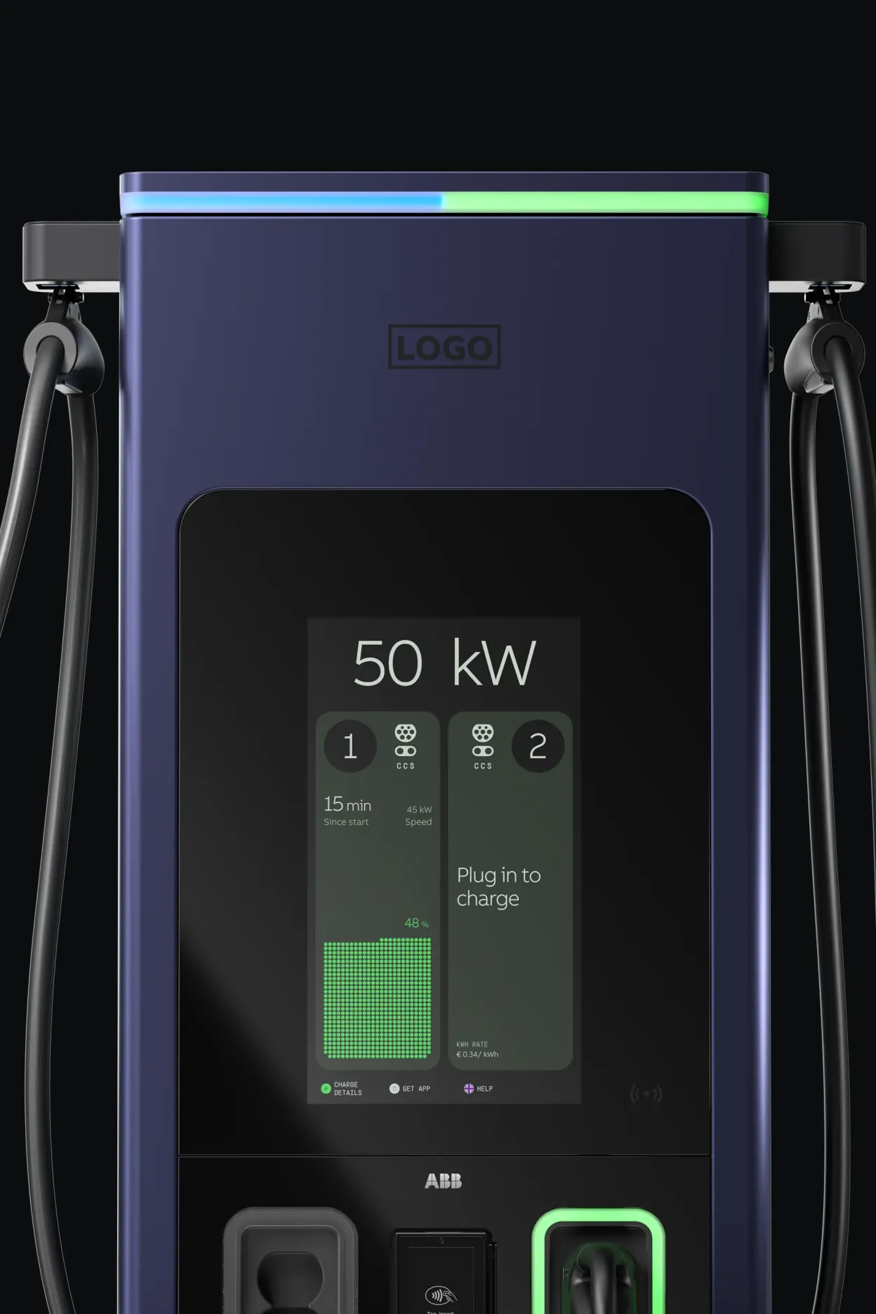 Configured C50 charger with dark blue hardware and green HMI