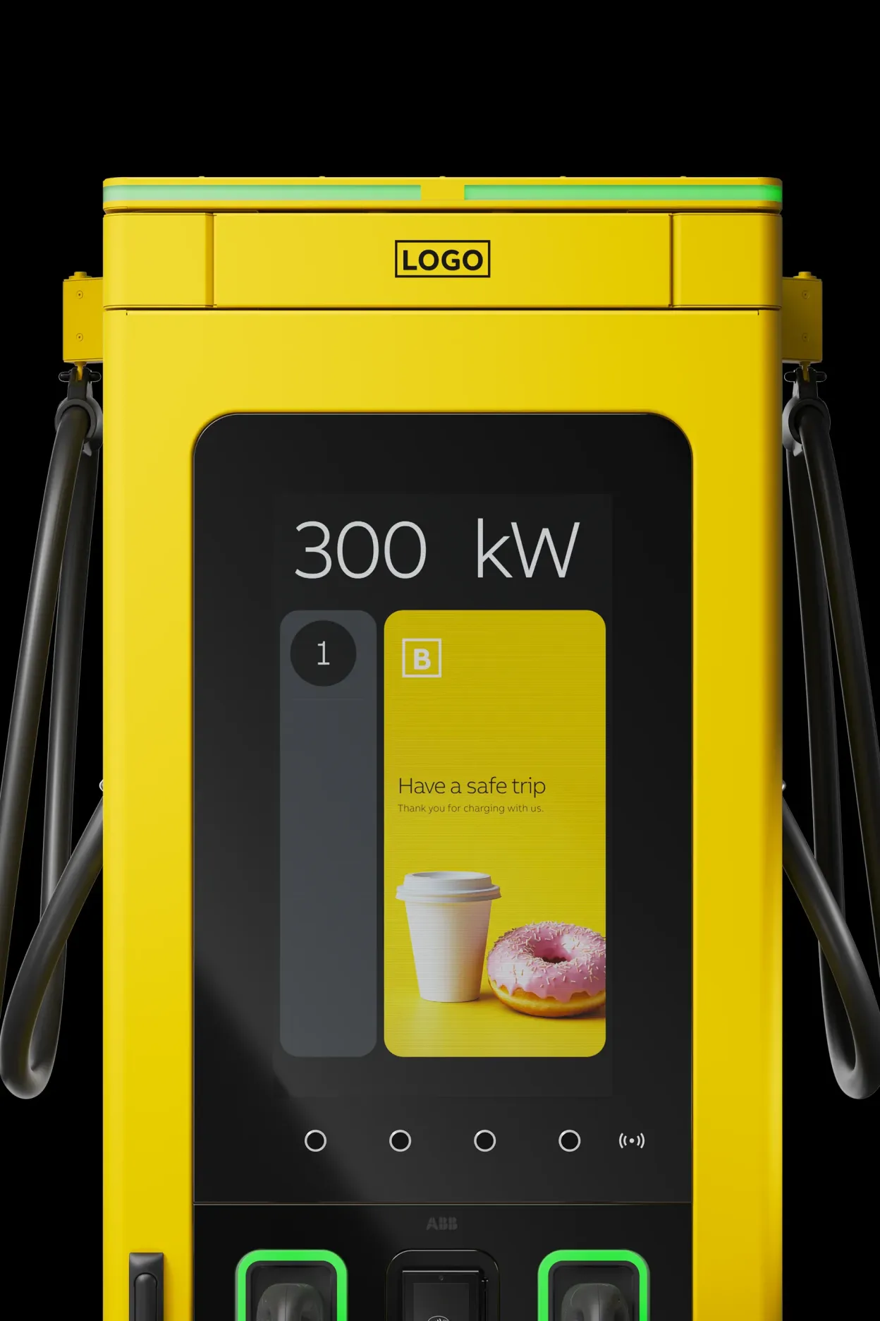 Configured A300 charger with yellow hardware and a branded farewell message