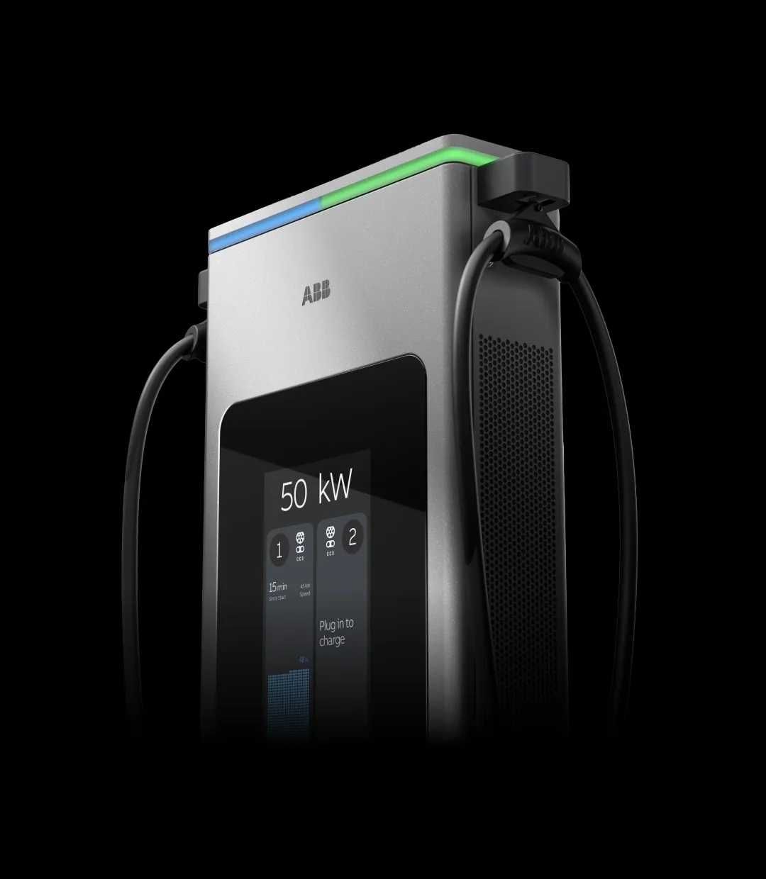 Side-angle of an C50 charger with a charging session in progress