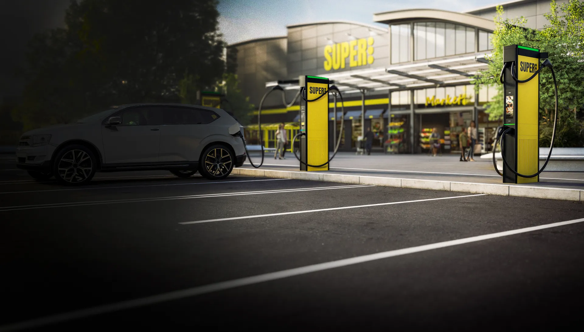 Car charging outside a supermarket with branded charging infrastructure