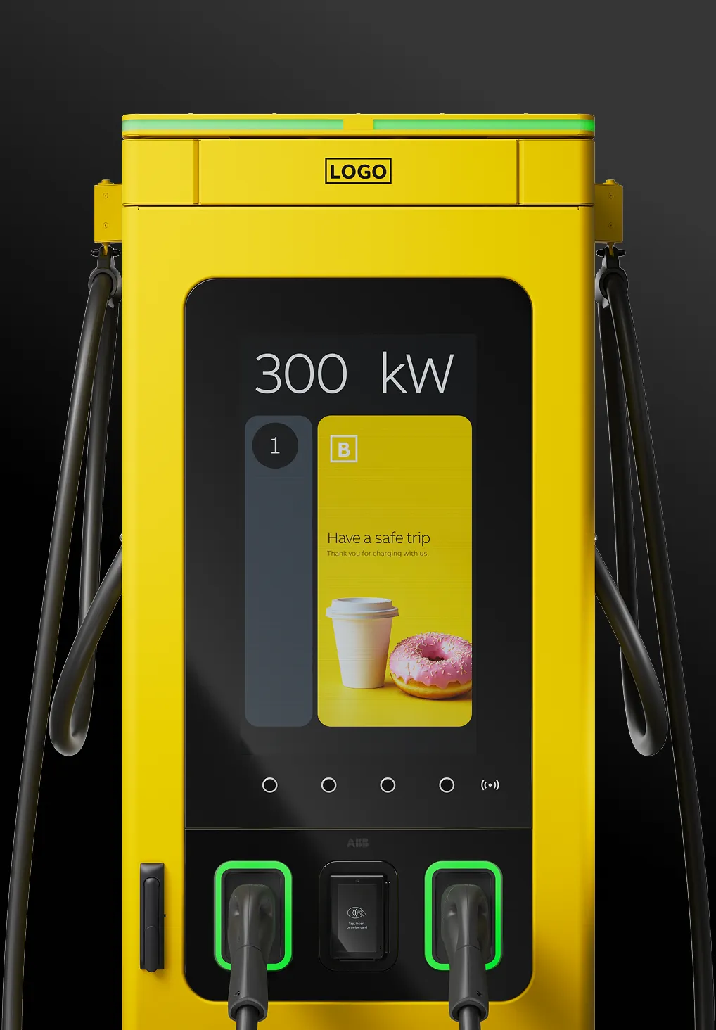 Configured A300 charger with yellow hardware and a branded farewell screen
